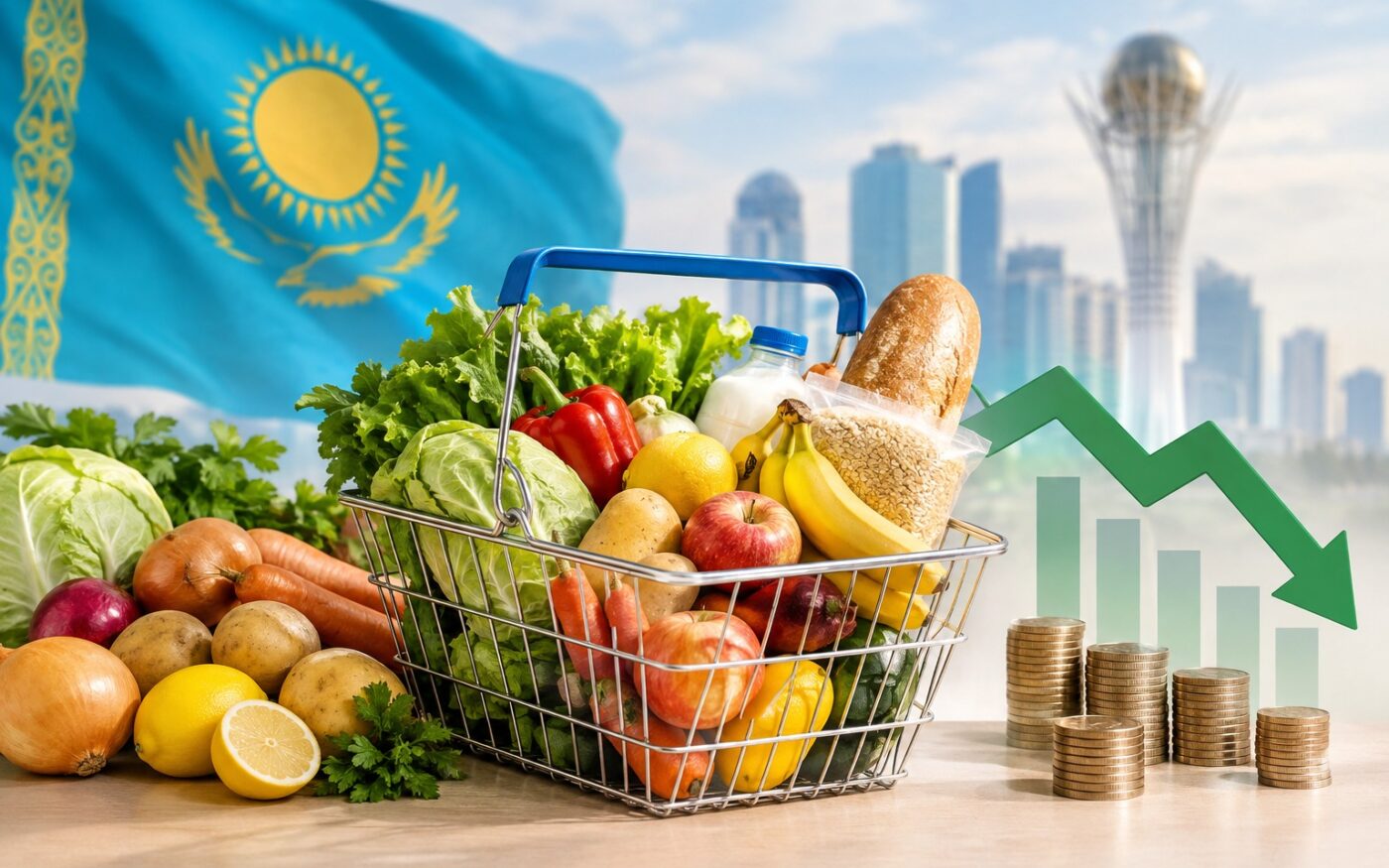 Прилавок с овощами и фруктами на рынке в Казахстане